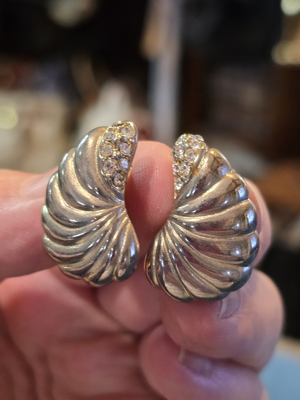 Vintage Silver Shell Screw On  Earrings with Crystal Accents
